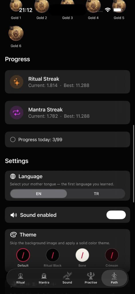 Rituel Digital Settings screen